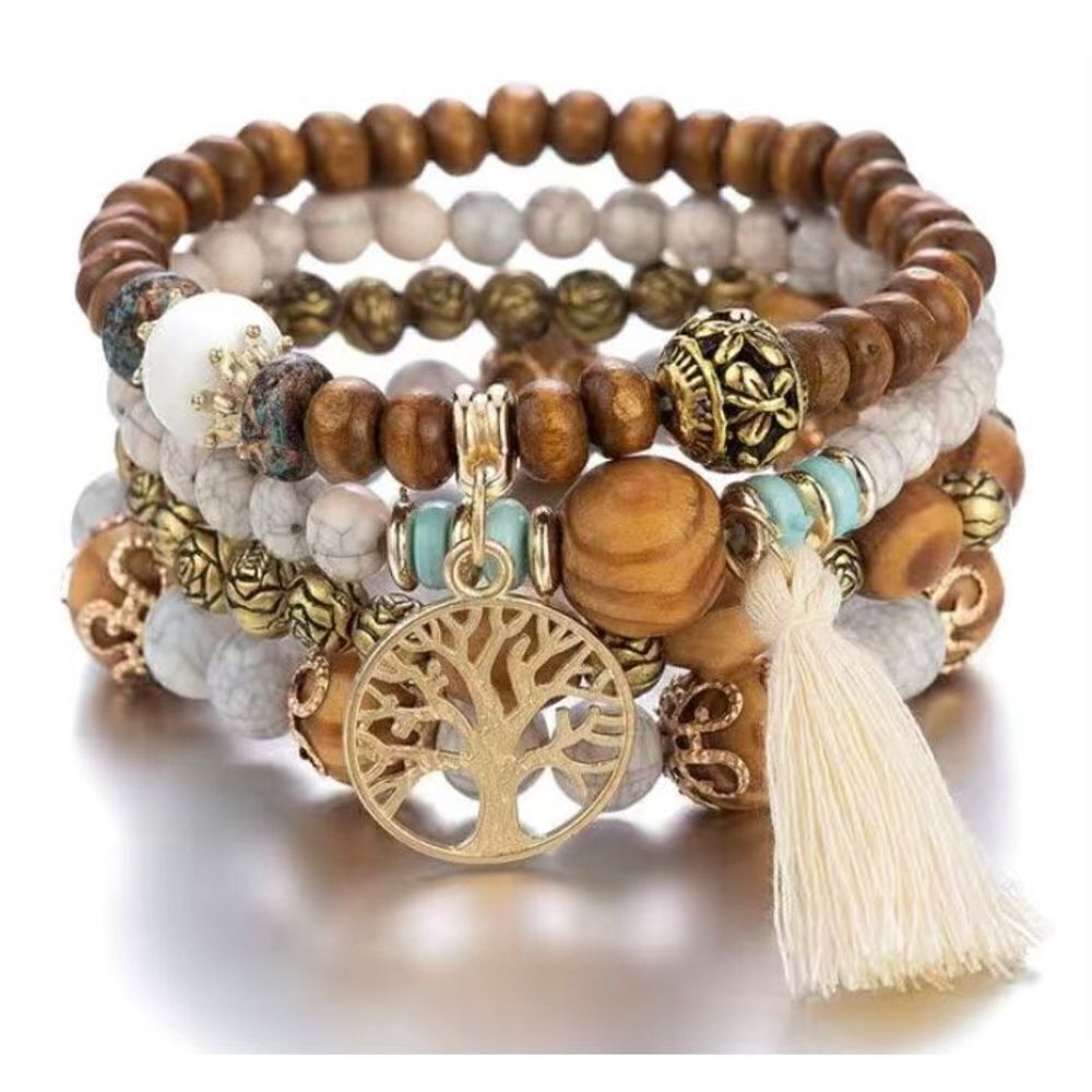 NWT 4 PC Multilayered Brown Wooden Boho
Round Beaded Bracelet Jewelry Set